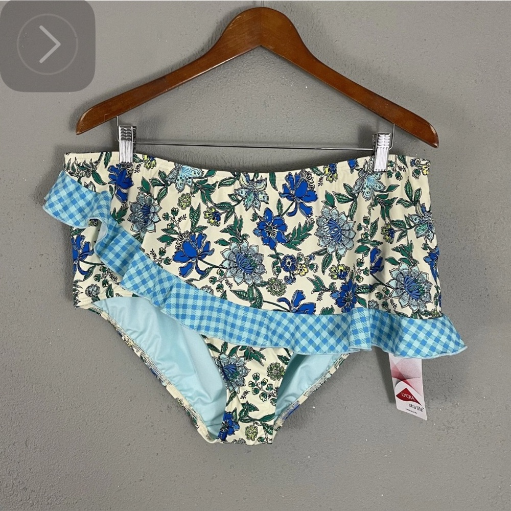 Lands' End Floral Bikini Bottoms with Blue Gingham 20w NWT